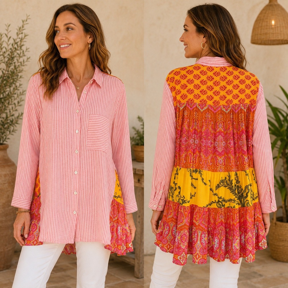 Vincente Boho Patchwork Tunic Top‎ Sz L Pink Stripe Abstract Florals Linen Blend